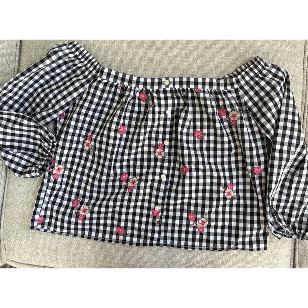 Hollister Womens Top Medium Black & White Gingham 1/2 Sleeve Off Shoulder Preppy